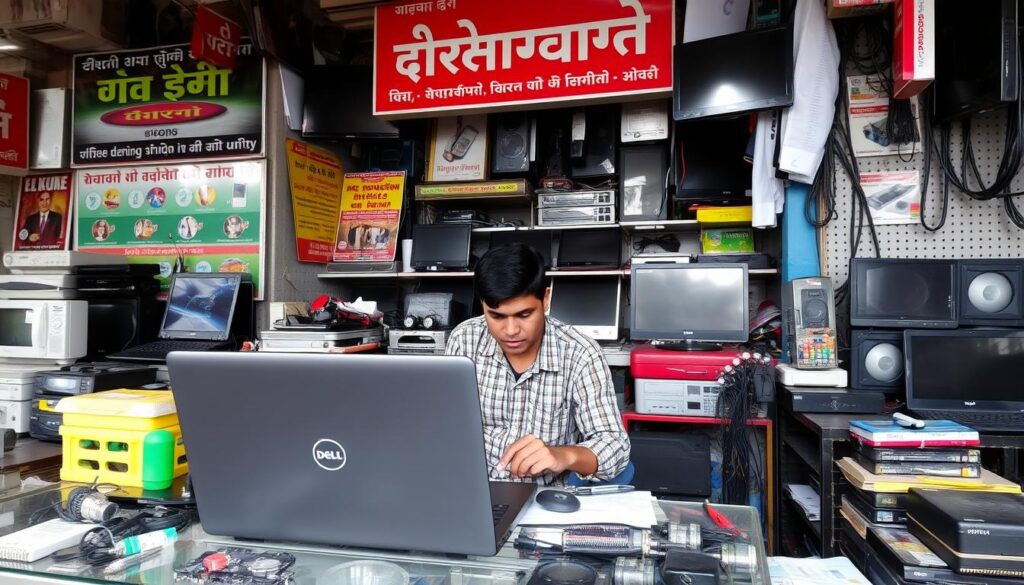 Interior of a Dell service center with technicians working on laptops